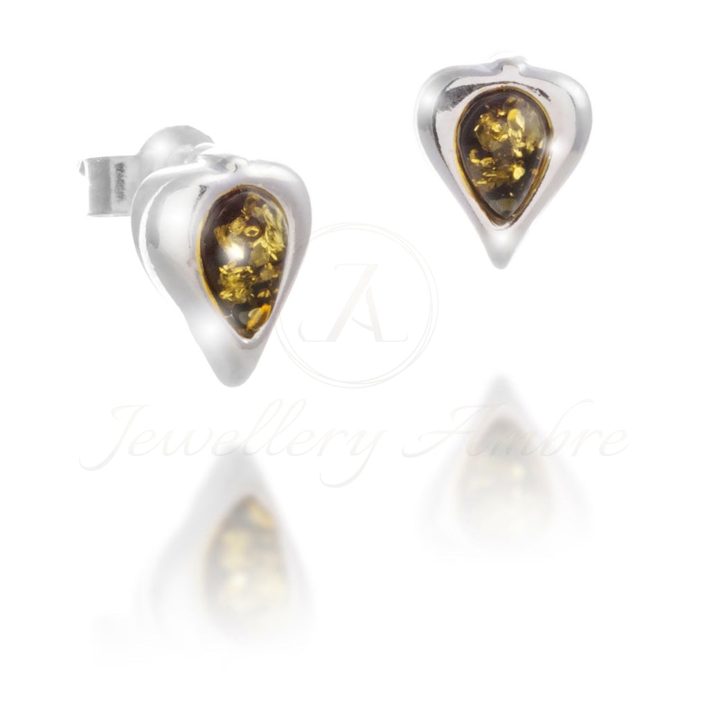 Amber Heart Studs In Sterling Silver Green Earrings