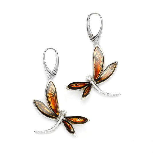 925 Sterling Silver Amber Dragonfly Dangles Earrings (7M)