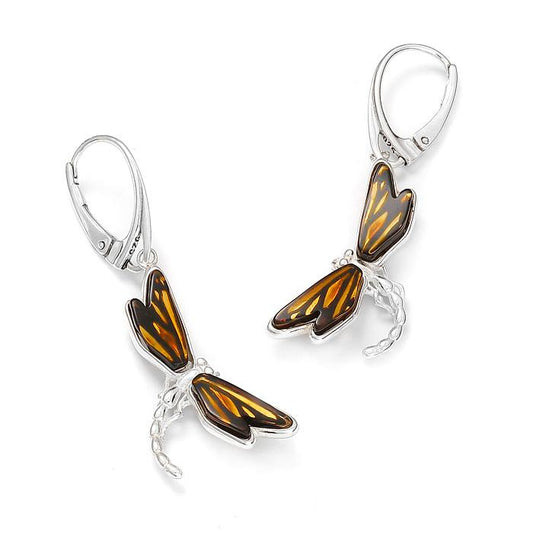 925 Sterling Silver Amber Dragonfly Dangles Earrings