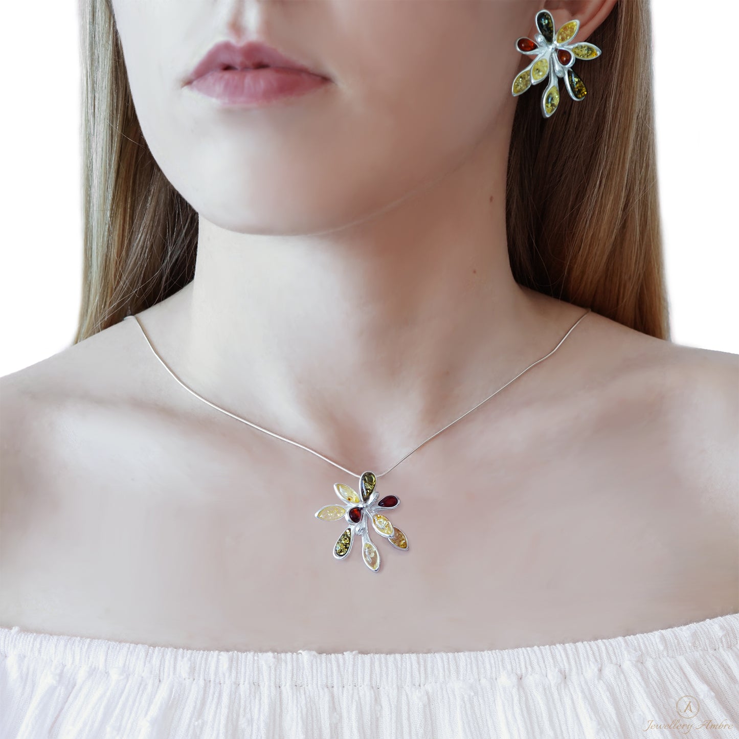 Amber Flower Earrings in Sterling Silver