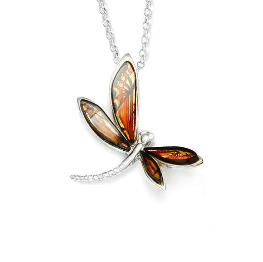 925 Sterling Silver Amber Dragonfly Pendant (7M)