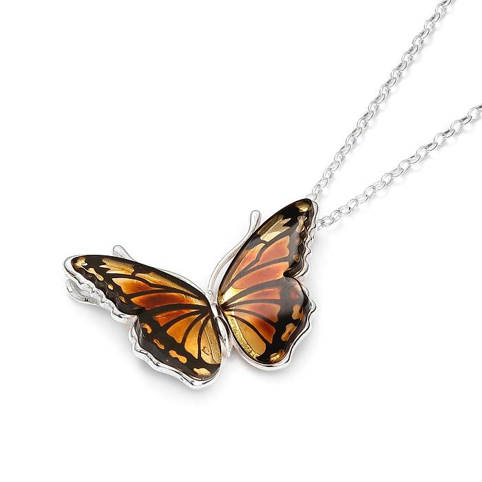 925 Sterling Silver Amber Monarch Butterfly Pendant