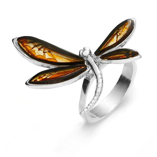 925 Sterling Silver Amber Dragonfly Ring (7M)
