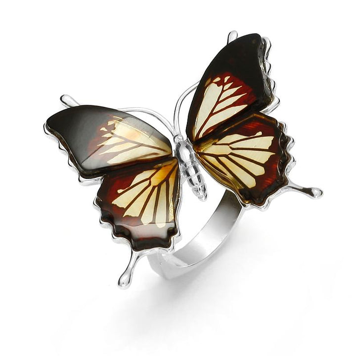 925 Sterling Silver Amber Swallowtail Butterfly Ring (B)