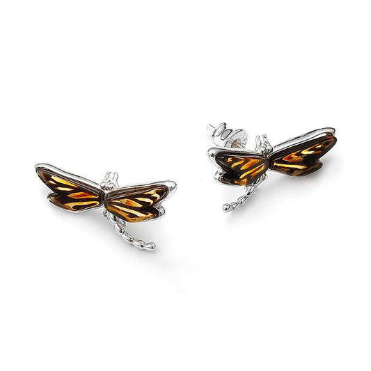 925 Sterling Silver Amber Dragonfly Studs Earrings